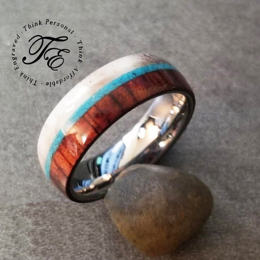 Men's Real Tungsten Wedding Ring With Deer Antler, Turquoise and Wood Onlays